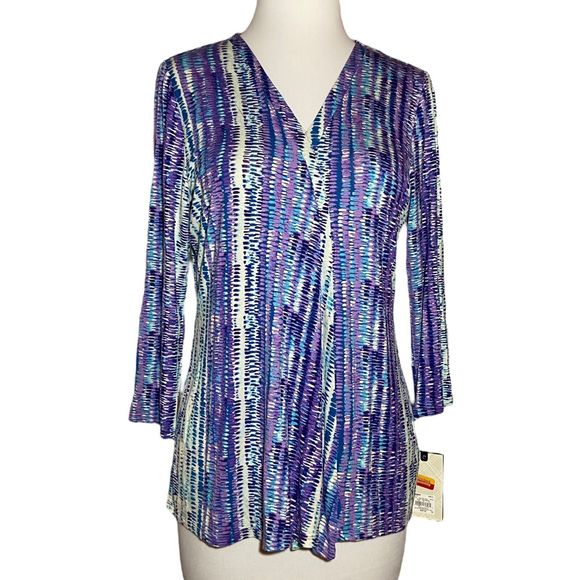 Dana Buchman Top Blouse Women Size S Small Blue Ruffled Front V-Neck 3/4 Sleeve - Picture 1 of 8